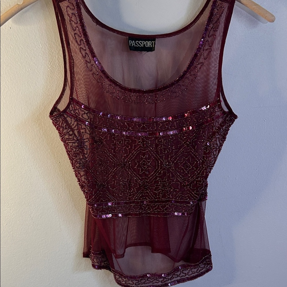 Passport  Vintage 90s Burgundy Beaded and Sequined Embellished Sheer Tank Top - Picture 8 of 14